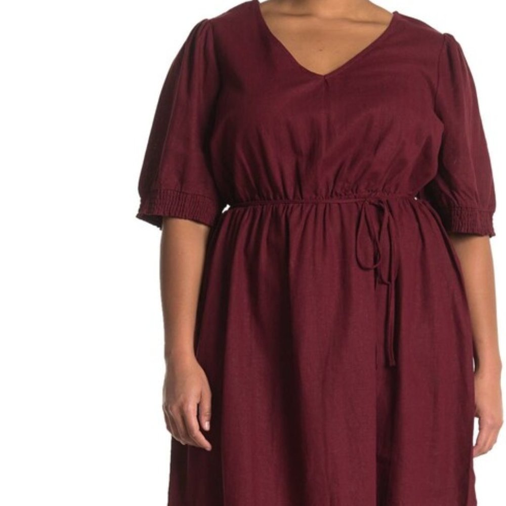 Fourteenth Place Burgundy Linen Blend Puff Sleeve‎ Split V-Neck Dress Size 2X/2T